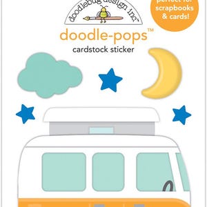May include: A cardstock sticker sheet featuring a whimsical camper van, cloud, stars, and moon. The van is orange and white, with blue windows. The stickers are labeled "doodle-pops" and are perfect for scrapbooks and cards.