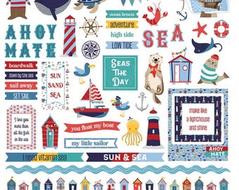 May include: A collection of colourful nautical themed digital stickers featuring a variety of images including a lighthouse, a sailboat, an octopus, a sea turtle, a crab, a seagull, a whale, a beach hut, a compass, a life preserver, and a variety of text phrases like "Ahoy Mate", "Seas The Day", "Sun & Sea", and "You Float My Boat".