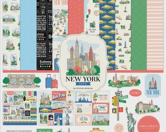 May include: A New York City themed paper collection kit featuring twelve 12x12 double-sided textured papers and one element sticker sheet. The designs include illustrations of yellow taxis, the Statue of Liberty, city skylines, and street signs.