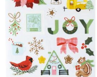 May include: A sheet of Christmas-themed stickers with various designs. Includes a red poinsettia, a yellow camper, a red cardinal, and the words "JOY" and "MERRY". The stickers are for scrapbooking and crafts.