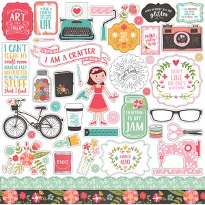 May include: A set of colourful digital scrapbook stickers featuring various crafting-themed illustrations and text. The stickers include a girl with a paintbrush, a jar of buttons, a sewing machine, a paintbrush, a ruler, a coffee cup, a bicycle, a pair of glasses, a camera, and more. The text on the stickers includes "I am a crafter", "Craft like no one's watching", "Make life pretty", and "When in doubt just add glitter".