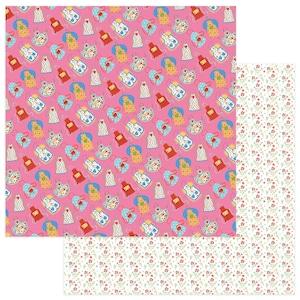 Puede incluir: Dos hojas de papel estampado. Una hoja presenta un fondo rosa con un patrón repetido de delantales en varios colores. La segunda hoja tiene un fondo blanco con un patrón repetido de pequeñas flores rojas y amarillas.