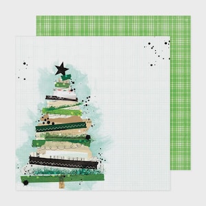 May include: A Christmas tree design made of layered paper strips in shades of green, brown, and black, topped with a black star. The tree is set against a light blue background with a grid pattern, and a green plaid pattern is visible in the upper right corner.