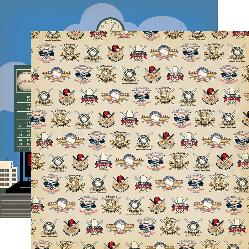 May include: A beige background with a repeating pattern of baseball themed logos. The logos are in various shades of blue, red, white, and brown. The logos include baseball bats, baseballs, baseball gloves, and the words 'Baseball Champ', 'Champion Player', and 'League'.