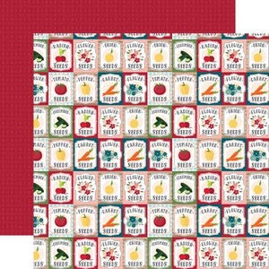 May include: A patterned scrapbook paper with a repeating design of seed packets. Each packet is labelled with a different vegetable or flower, such as radish, tomato, and carrot. The background is a mix of red and white, with a dotted pattern on the left side.
