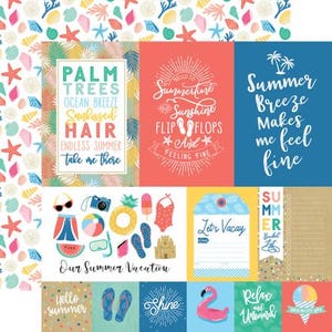 May include: A colourful collage featuring summer-themed designs with text and illustrations. The designs include phrases such as "Palm Trees," "Summer Breeze," and "Our Summer Vacation." Illustrations include flip-flops, a flamingo, and an ice cream cone.