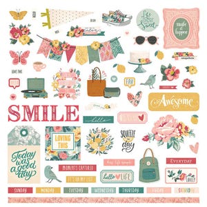 May include: A collection of scrapbook embellishments with a floral and pastel theme. Includes banners, butterflies, flowers, and phrases like "Smile," "Today was a good day," and "Awesome." Perfect for crafting and journaling projects.