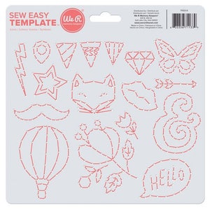 May include: Sew Easy Template by We R Memory Keepers with 14 different icons for sewing projects. The icons include a star, a fox, a diamond, a butterfly, an arrow, an ampersand, a hot air balloon, a flower, a mustache, a lightning bolt, a party flag, and a speech bubble that says "Hello".