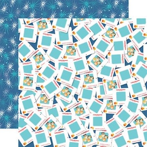 May include: A patterned paper design featuring a blue background with white starbursts on the left and a collage of white and blue Calenchrome slides. Each slide has a light blue square and a cartoon image.