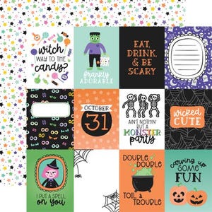 Peut inclure: Un pack de papier numérique sur le thème d'Halloween. Le pack comprend 12 designs différents avec diverses illustrations et textes sur le thème d'Halloween. Les designs incluent une sorcière, un monstre, un squelette, une toile d'araignée et une citrouille. Le texte comprend des phrases comme "Witch Way to the Candy?" et "Eat, Drink, & Be Scary."