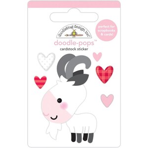 May include: A cardstock sticker sheet featuring a cartoon goat with gray horns, a pink face, and black hooves. The sheet includes heart-shaped stickers in pink and red, and the text "doodle-pops" and "cardstock sticker".