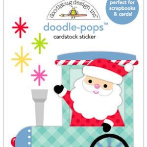 May include: A cardstock sticker sheet featuring a Santa Claus train design. The train is light blue with black wheels and a red and white striped roof. Santa is wearing a red suit and hat. Includes colorful star and snowflake accents.