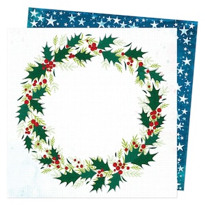 May include: A festive Christmas wreath illustration with green holly leaves and red berries. The wreath is set against a white background with a dotted pattern, and a blue background with white stars.