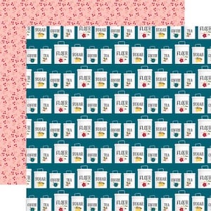 May include: A patterned paper design featuring rows of white canisters labelled "Flour", "Sugar", "Coffee", and "Tea" on a teal background. The canisters have floral accents. The upper left corner has a pink floral pattern.