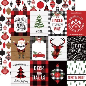 May include: A digital paper pack with a red and black buffalo plaid pattern featuring Christmas-themed illustrations and text. The illustrations include a Christmas tree, Santa Claus, a reindeer, a truck, and ornaments. The text includes "The most wonderful time of the year", "Noel", "Jingle all the way", "Mountain Top Christmas Tree Farm", "Let it snow", "I'm dreaming of a white Christmas", "Deck the halls", and "Merry & Bright".
