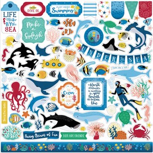 Puede incluir: Un conjunto colorido de pegatinas con ilustraciones de temática oceánica, que incluyen peces, criaturas marinas y escenas submarinas. Las pegatinas presentan frases como "La vida es mejor junto al mar", "Sumérgete", "Haz una salpicadura", "Sigue nadando", "El océano es mi hogar", "Un mundo de maravillas te espera bajo el océano azul", "Disfrutar del océano" y "Los peces son amigos".