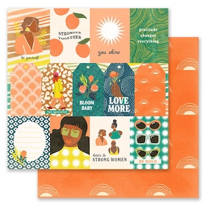 May include: A digital paper pack with colorful illustrations and text. The illustrations include flowers, rainbows, and women. The text includes phrases like "Stronger Together", "Bloom Baby", "Love More", and "Be Bold".