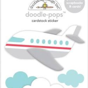 May include: A cardstock sticker set featuring a white and gray airplane with red and blue accents, and three blue and white cloud stickers. The packaging includes the text "doodle-pops cardstock sticker".