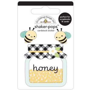 May include: A cardstock sticker set featuring a jar of honey and two cartoon bees. The jar has a black and white checkered lid and the word "honey" in a handwritten font. The bees have yellow and black striped bodies and mint green wings.
