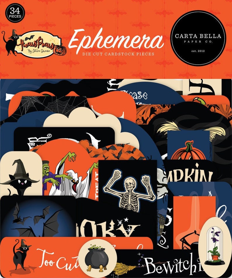 May include: A set of 34 die cut cardstock pieces for crafting. The pieces are in a variety of Halloween themes, including bats, pumpkins, ghosts, skeletons, and witches. The pieces are in black, orange, white, and blue colors. The text on the pieces reads 'Ephemera', 'Die Cut Cardstock Pieces', 'Too Cut', 'Bewitch', 'OK', 'Treat', 'Pumpkin', 'CARTA BELLA PAPER CO.', 'est. 2012', and 'House of Boo by Steve Duss'.