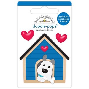 May include: Doodlebug Design Inc. cardstock sticker featuring a dog in a blue doghouse with a bone. The sticker also includes three red hearts and the text "doodle-pops" and "perfect for scrapbooks & cards!"
