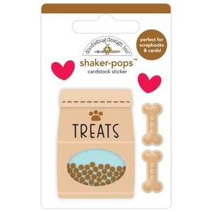May include: A cardstock sticker sheet featuring a dog treat theme. The design includes a tan bag of treats with a window showing brown treats, two bone-shaped stickers, and two red heart stickers. The text "TREATS" is visible.