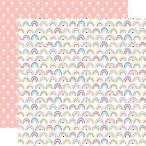 May include: Two sheets of patterned paper. One sheet has a repeating pattern of pastel rainbows with black hearts on a white background. The other sheet has a repeating pattern of white ice cream cones on a pink background.