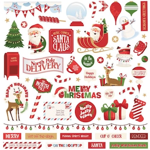May include: A collection of Christmas-themed illustrations and text elements. Includes Santa Claus, reindeer, candy canes, ornaments, a snowman, and phrases like "Merry Christmas" and "Happy Holidays." The color palette is red, green, and white.