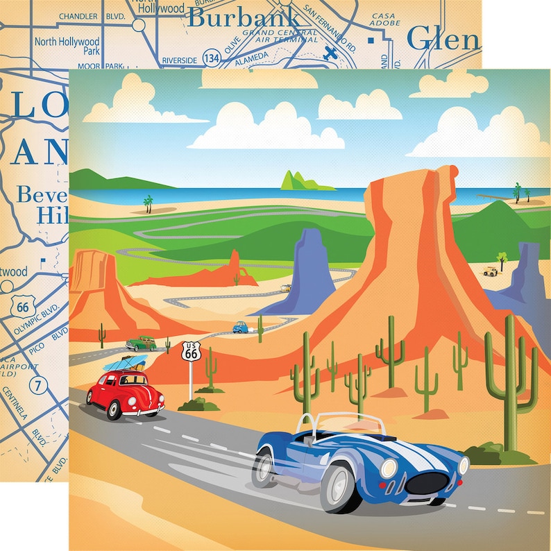 May include: A cartoon illustration of a desert landscape with a blue convertible car driving on a winding road. The road is lined with cacti and there are mountains in the background. The car has a white stripe and the words 'US 66' are visible on a signpost. The sky is blue with white clouds. The image is in a retro style.