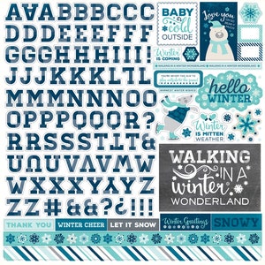 May include: A set of blue and white winter-themed stickers with a variety of designs, including letters, snowflakes, and phrases like "Baby it's cold outside" and "Walking in a winter wonderland".
