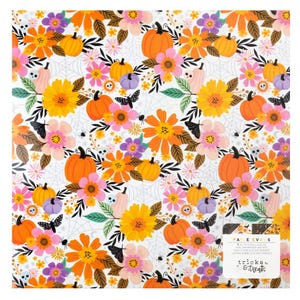 May include: A patterned paper sheet featuring a Halloween theme. The design includes orange pumpkins, yellow and pink flowers, purple accents, and black butterflies and spiders on a white background. The text "tricks & treats" is visible.