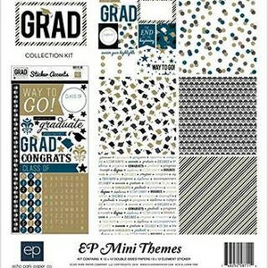 May include: A graduation-themed scrapbook collection kit with various patterned papers and sticker accents. The kit includes designs with graduation caps, confetti, and the words "GRAD," "CONGRATS," and "WAY TO GO!" in gold, teal, and black.