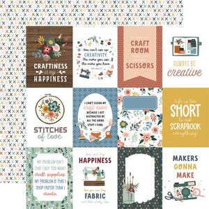 May include: A collection of scrapbook paper squares with craft-related designs. The squares display text such as "Craftiness is my Happiness" and "Stitches of Love", alongside images of sewing machines, scissors, and floral arrangements.
