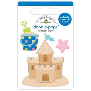 May include: A cardstock sticker sheet featuring beach-themed designs. Includes a sandcastle, a bucket with a shovel, and a starfish. The bucket is blue with colorful polka dots. The text "doodle-pops" and "cardstock sticker" are also visible.