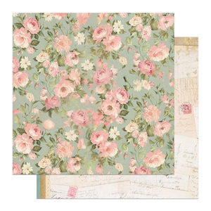 May include: Two sheets of patterned paper. One features a floral design with pink roses and white flowers on a light green background. The other has a vintage letter and postage stamp design.