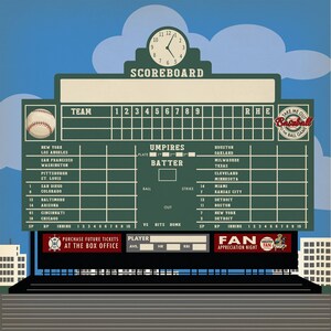May include: A vintage-style baseball scoreboard with a green background and white lettering. The scoreboard shows the teams, innings, runs, hits, and errors. The scoreboard also has a clock at the top and a sign that says 'Take Me Out to the Ball Game.' The scoreboard is set against a blue sky with white clouds. The scoreboard also has a section for the umpires and batter. The scoreboard has a section for the players with their batting average, home runs, and RBIs. The scoreboard has a section for the fans with the words 'Fan Appreciation Night.' The scoreboard has a section for the purchase of future tickets at the box office.