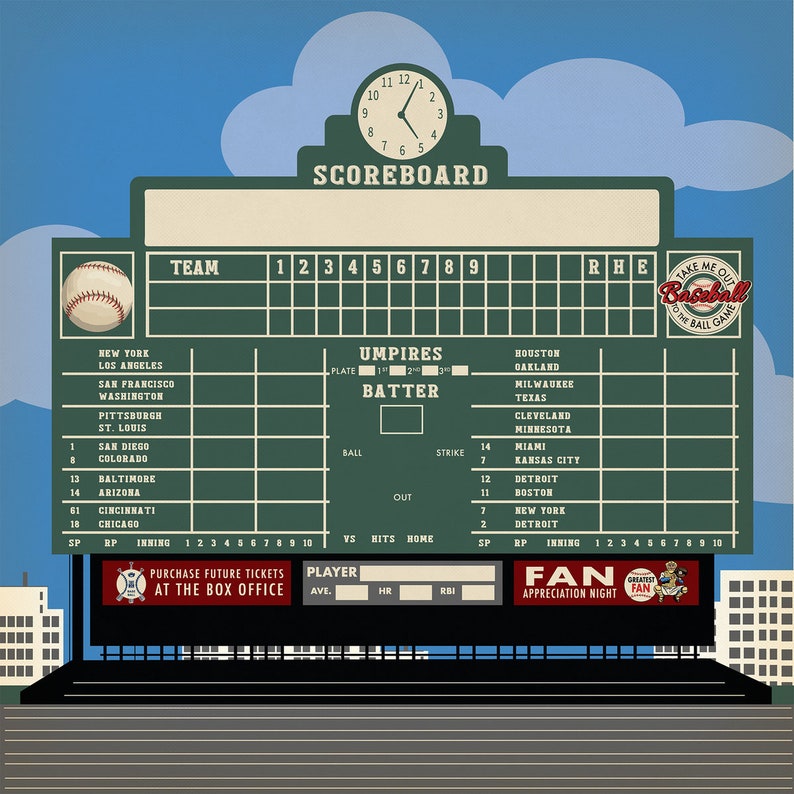 May include: A vintage-style baseball scoreboard with a green background and white lettering. The scoreboard shows the teams, innings, runs, hits, and errors. The scoreboard also has a clock at the top and a sign that says 'Take Me Out to the Ball Game.' The scoreboard is set against a blue sky with white clouds. The scoreboard also has a section for the umpires and batter. The scoreboard has a section for the players with their batting average, home runs, and RBIs. The scoreboard has a section for the fans with the words 'Fan Appreciation Night.' The scoreboard has a section for the purchase of future tickets at the box office.