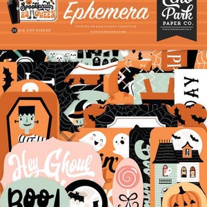 Peut inclure: Collection d'éléments éphémères en papier découpé sur le thème d'Halloween, en orange, noir et blanc. Les motifs comprennent un cercueil, Frankenstein, des fantômes, des chauves-souris, des citrouilles et les mots "Spooktacular Halloween", "Hey Ghoul" et "Boo!".