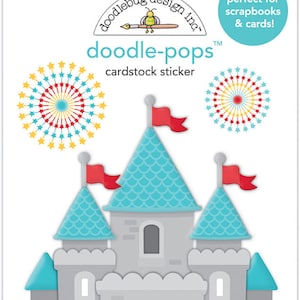 May include: Doodle-pops cardstock sticker featuring a gray castle with blue turrets and red flags. The sticker also includes starburst designs in red, yellow, and blue. The package is labeled "perfect for scrapbooks & cards!"