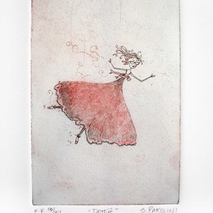 May include: A black and white line drawing of a woman in a pink dress with a lace trim. The woman is wearing glasses and has her hair pulled back. The drawing is on a white background with the text "DOTTIE" and "S. PAROLINI" in the bottom right corner.