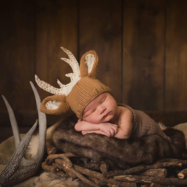 DEER HAT PATTERN: knit newborn deer hat beanie fall photo prop knitting pattern for newborn photography