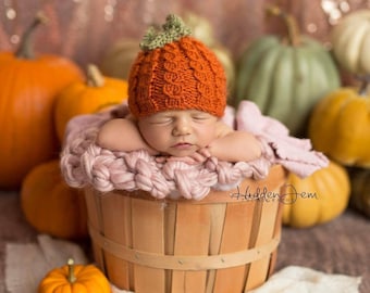 PUMPKIN HAT PATTERN: knit pumpkin hat beanie Halloween fall photo prop knitting pattern for newborn to sitter photography