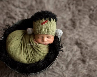 KNITTING PATTERN: 4 sizes Frankenstein hat pattern, knitted Halloween photo prop pattern, knit newborn photography beanie
