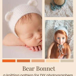 Bear Bonnet Knitting Pattern, 6 Sizes, Preemie, 18 Doll, Newborn, 3 6 9 12 Months, Newborn Photography, Baby Props, DIY, Digital Download image 10