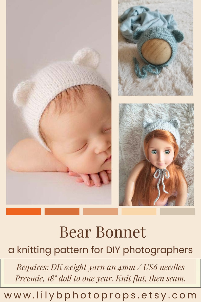 Bear Bonnet Knitting Pattern, 6 Sizes, Preemie, 18 Doll, Newborn, 3 6 9 12 Months, Newborn Photography, Baby Props, DIY, Digital Download image 10