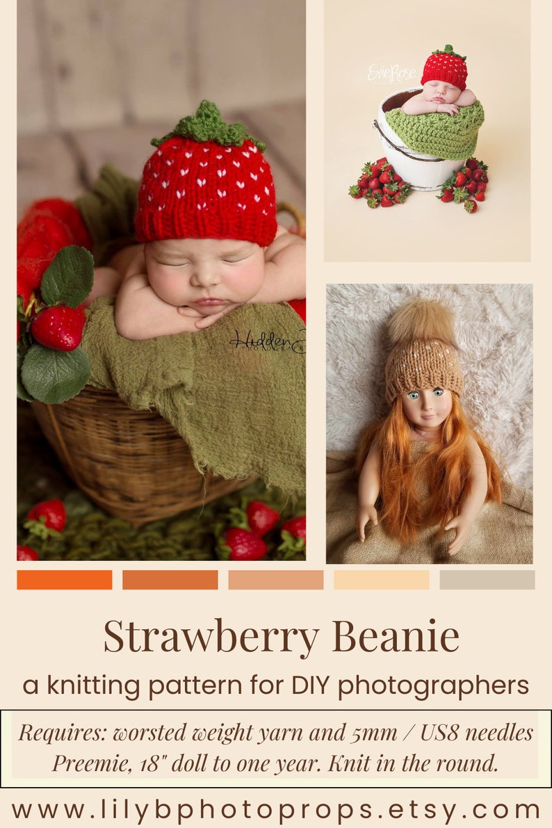 Strawberry Hat Knitting Pattern in 5 sizes, Baby Beanie Knitting Pattern, Newborn Photography Props, 18 Inch Doll Clothes Patterns image 10