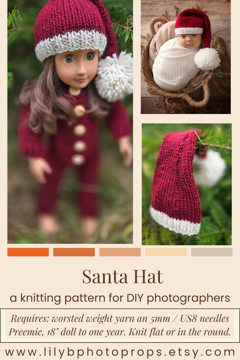 Pu&ograve; includere: Un modello di lavoro a maglia per un cappello da Babbo Natale, caratterizzato da un berretto in maglia rosso scuro con bordo a coste bianco e un grande pompon bianco. Il modello richiede filato pettinato e ferri da 5 mm per varie misure.