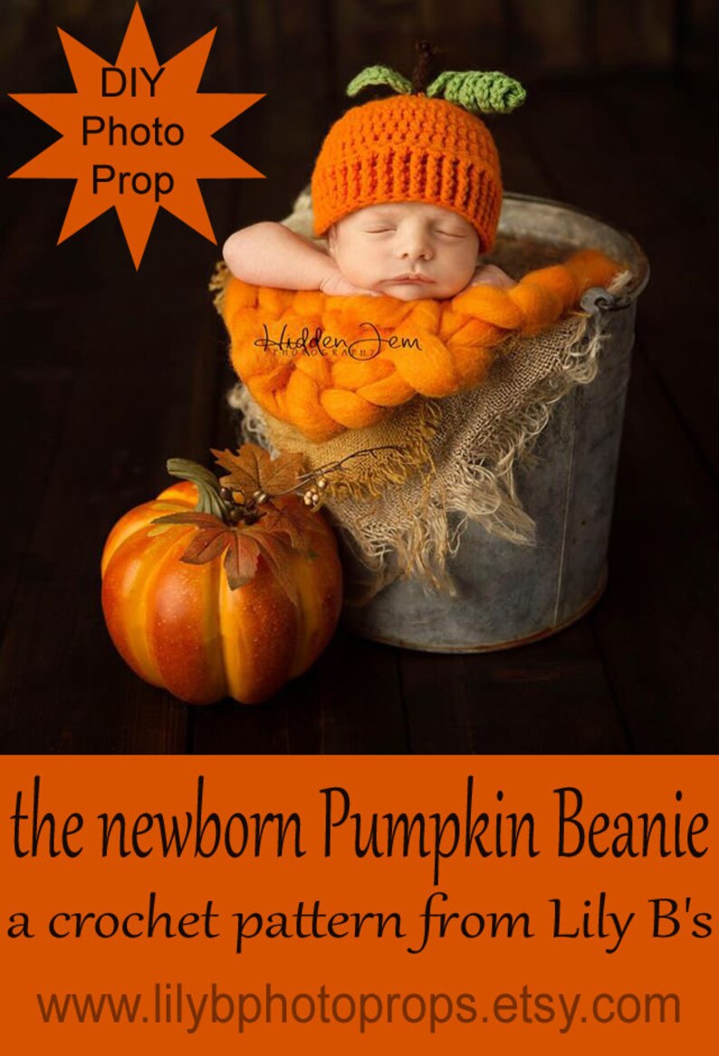 Puede incluir: Un gorro de ganchillo naranja con forma de calabaza con tallo y hoja verdes, sobre un reci&eacute;n nacido en un cubo de metal con arpillera, junto a una calabaza decorativa. Texto: DIY Photo Prop, the newborn Pumpkin Beanie, a crochet pattern from Lily B's.