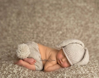 Bunny Bonnet Knitting Pattern, Newborn Photography Props, Knit Photo Props, Preemie, 18 inch Doll, 3 6 12 Months, Knit Flat & in the Round