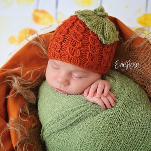 Könnte beinhalten: Ein Neugeborenes, eingewickelt in eine hellgrüne, texturierte Wickeldecke, trägt eine handgestrickte, orangefarbene Mütze in Kürbisform mit einem grünen Blattakzent oben. Das Kind liegt in einem mit orangefarbenem Stoff und Jute ausgekleideten Behälter.